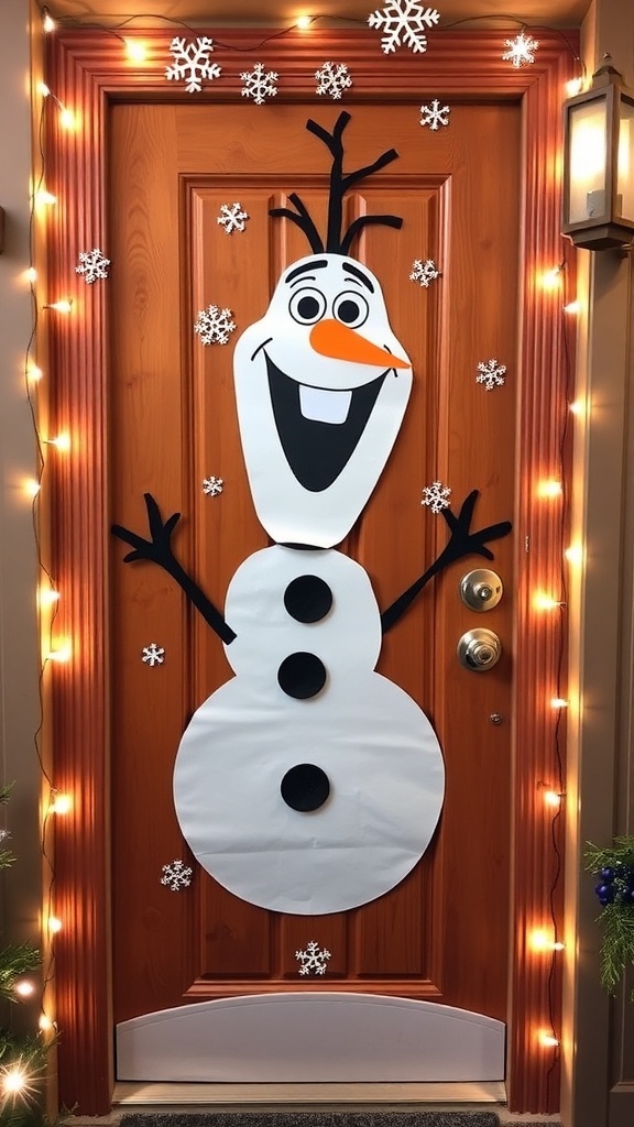 Olaf-themed Christmas door decoration with snowflakes and lights.